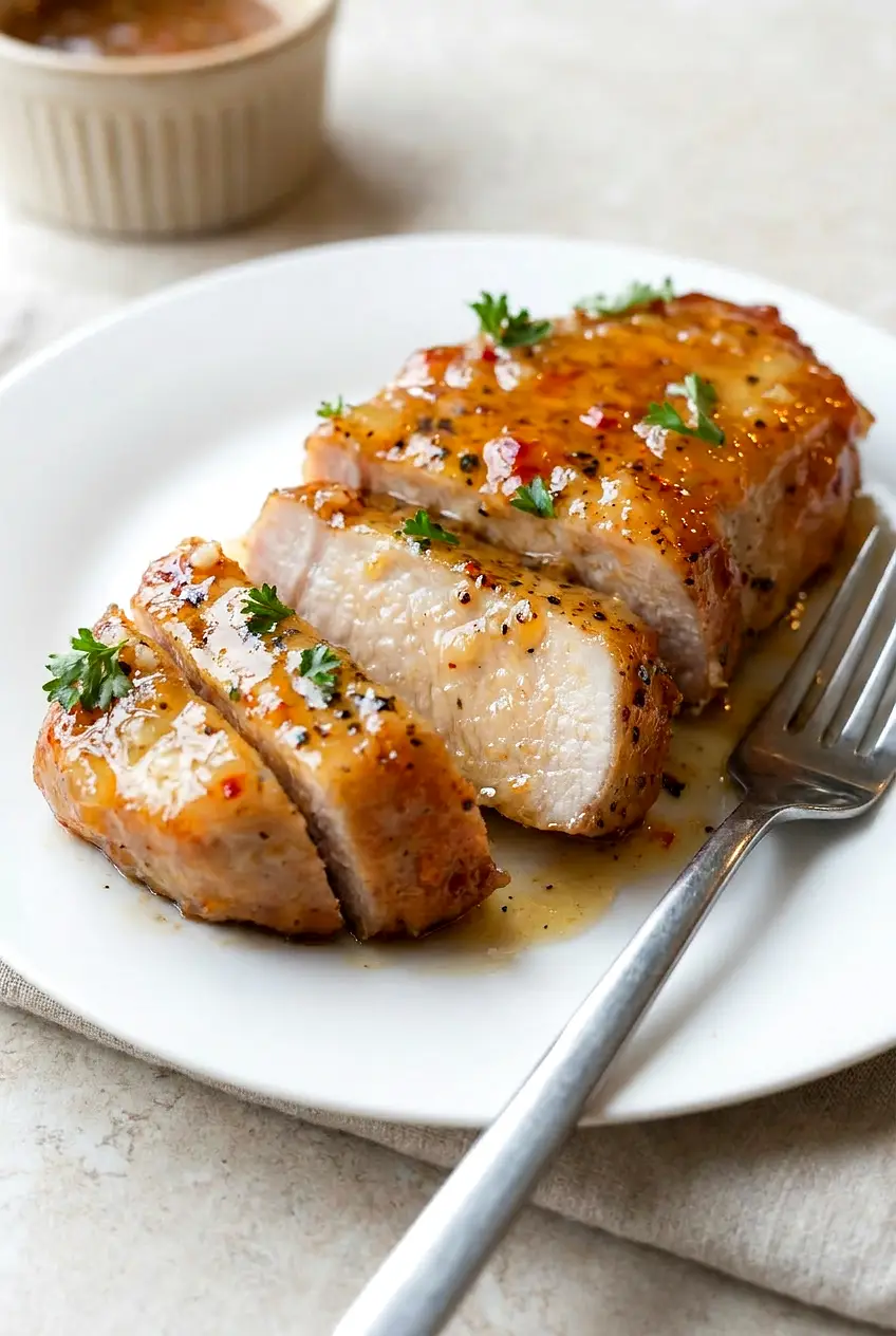 Close-up sliced Honey Garlic Air Fryer Pork Chop showing juicy center and sticky honey-garlic–sweet chili glaze.