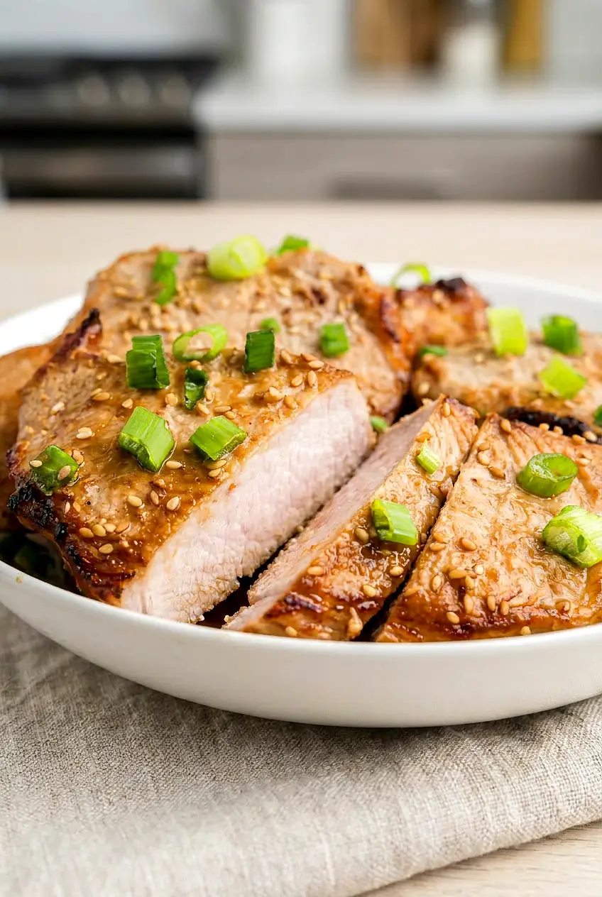 Close-up of Air Fryer Teriyaki Pork Chops, one sliced to show juicy interior, glossy teriyaki glaze, sesame and green onion.