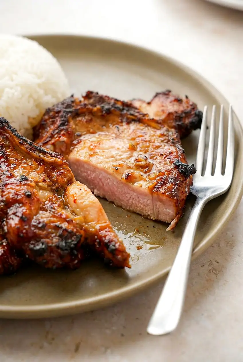 Close-up of sliced Air Fryer Vietnamese pork chop showing juicy center and browned, caramelized edges with lemongrass flecks.
