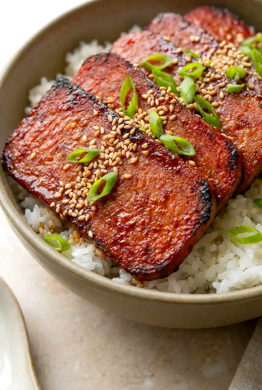 Close-up of Air Fryer Spam with golden, lightly crisp edges and a tacky brown sugar and soy glaze, sprinkled with sesame.
