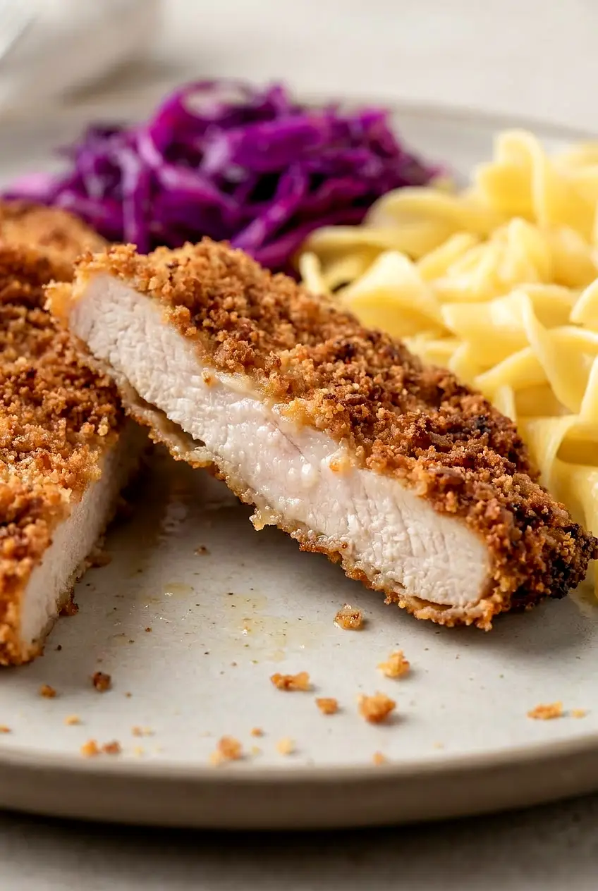 Close-up of an air fryer pork cutlet sliced open, showing a juicy interior and crunchy golden breadcrumb crust.