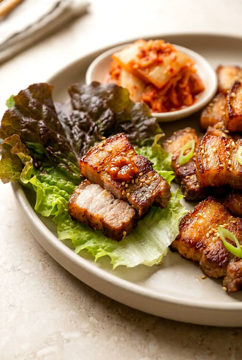 Close-up of Air Fryer Korean pork belly bite, cut open to show juicy layers and crisp, blistered edges on a lettuce leaf with ssamjang.
