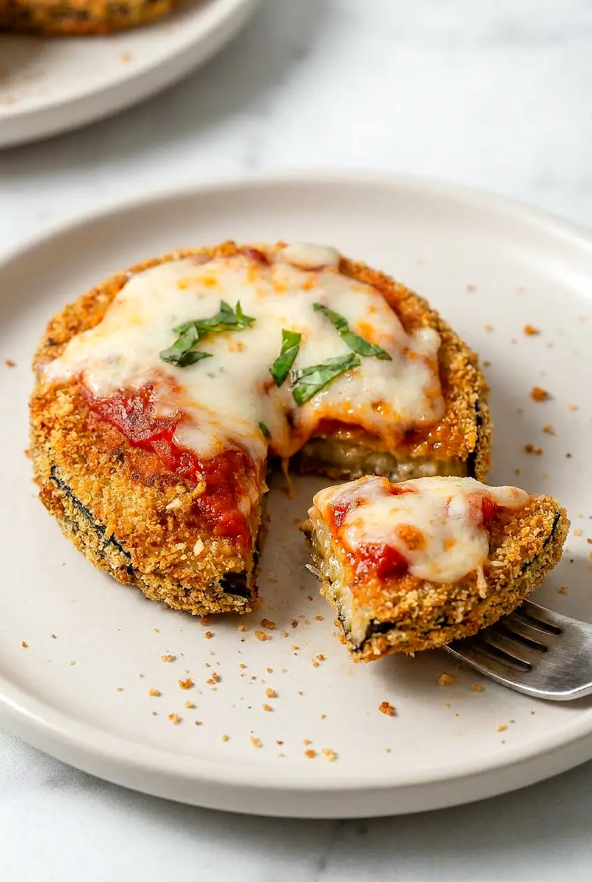 Close-up of Air Fryer Eggplant Parmesan showing crunchy crumb coating, tender eggplant center, and spot-browned mozzarella.