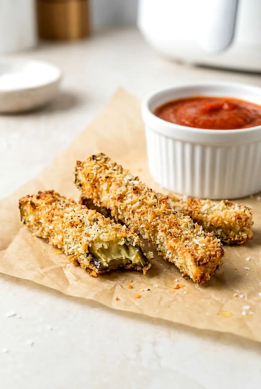 Air Fryer Eggplant Fries close-up: one fry broken open shows tender center and crunchy golden crumb, marinara nearby