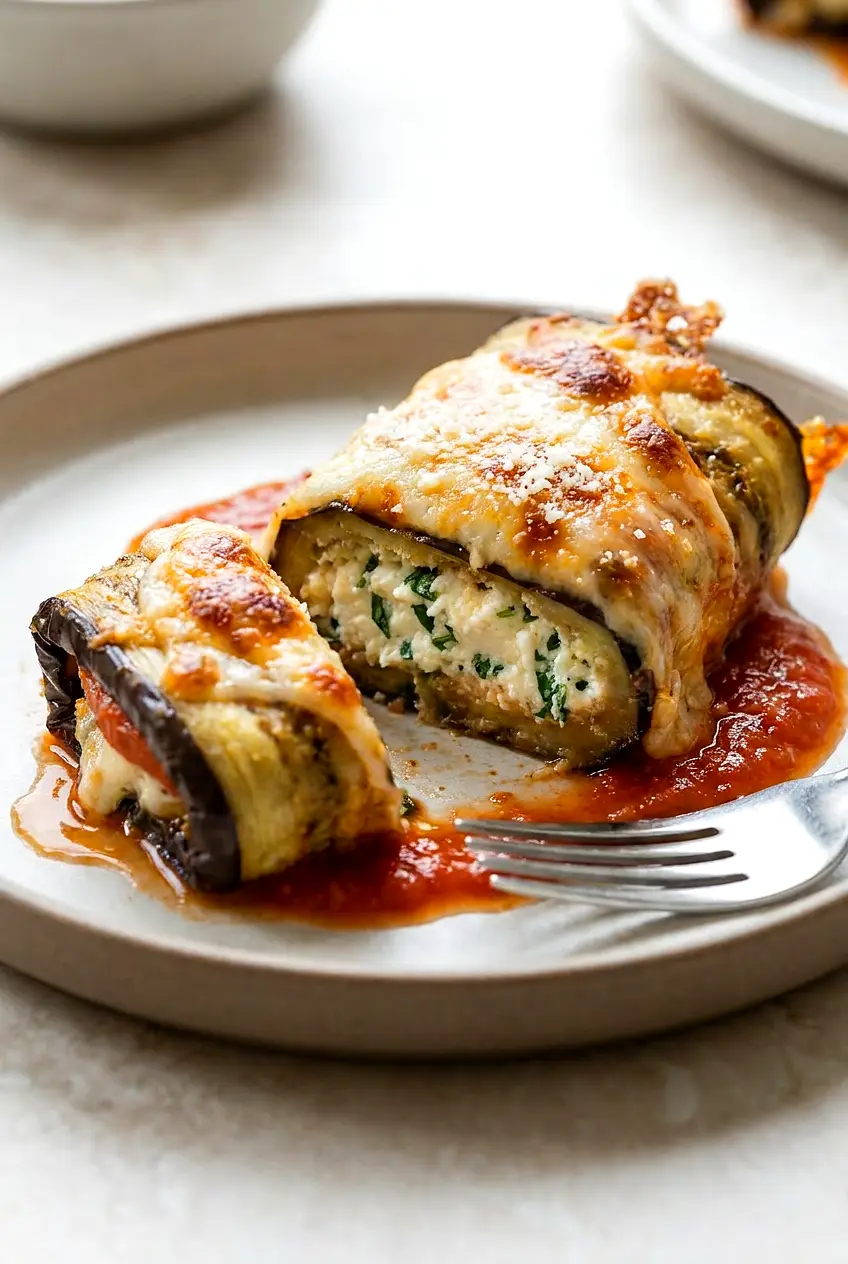Close-up of cut-open Air Fryer Eggplant Rollatini showing creamy ricotta-herb filling, golden breadcrumb edge, marinara and melted cheese.