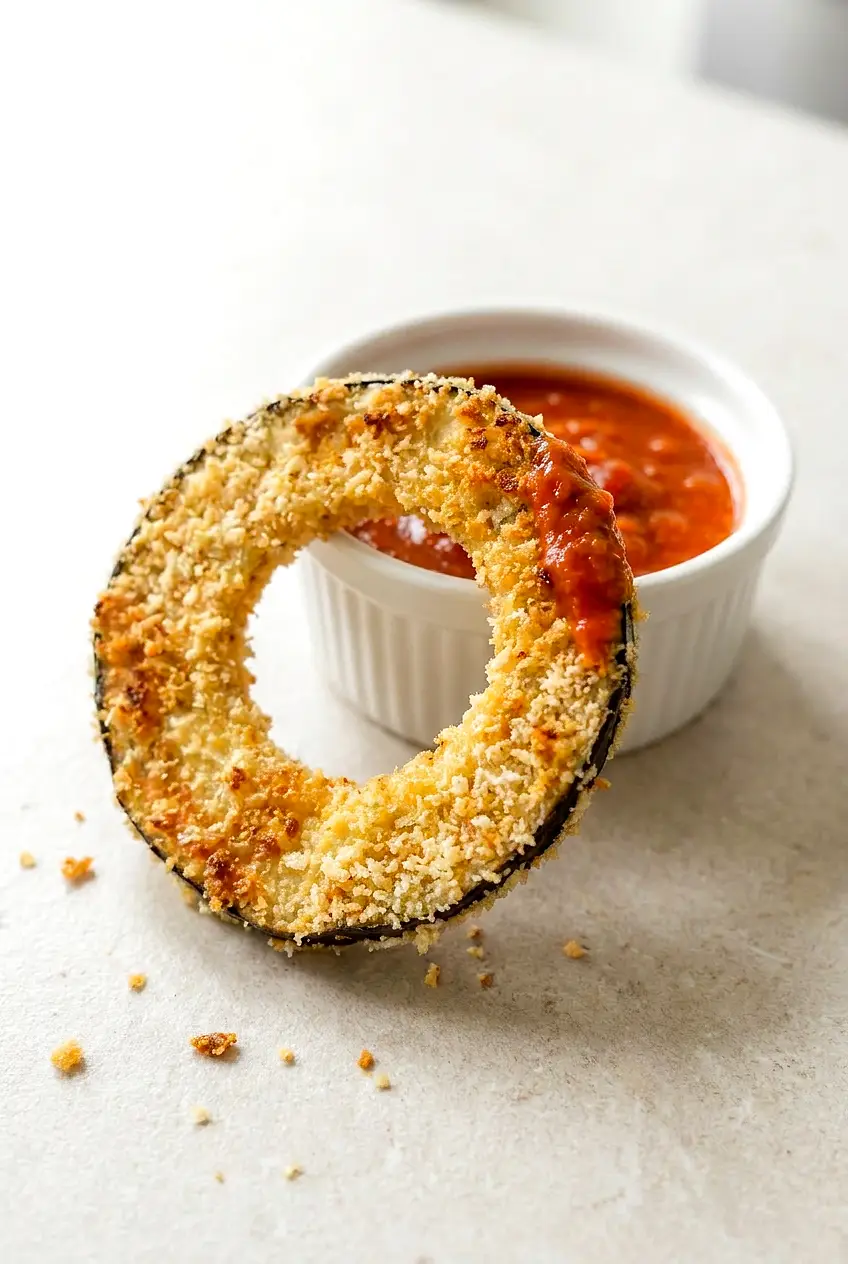Close-up of an air fryer eggplant ring showing crunchy panko-Parmesan crust and tender eggplant interior beside a ramekin of marinara.