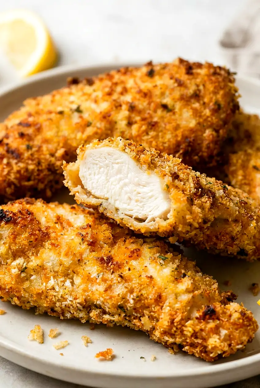 Close-up of a cut-open air fryer chicken tender showing crisp panko crust and juicy white interior on a plate with crumbs.