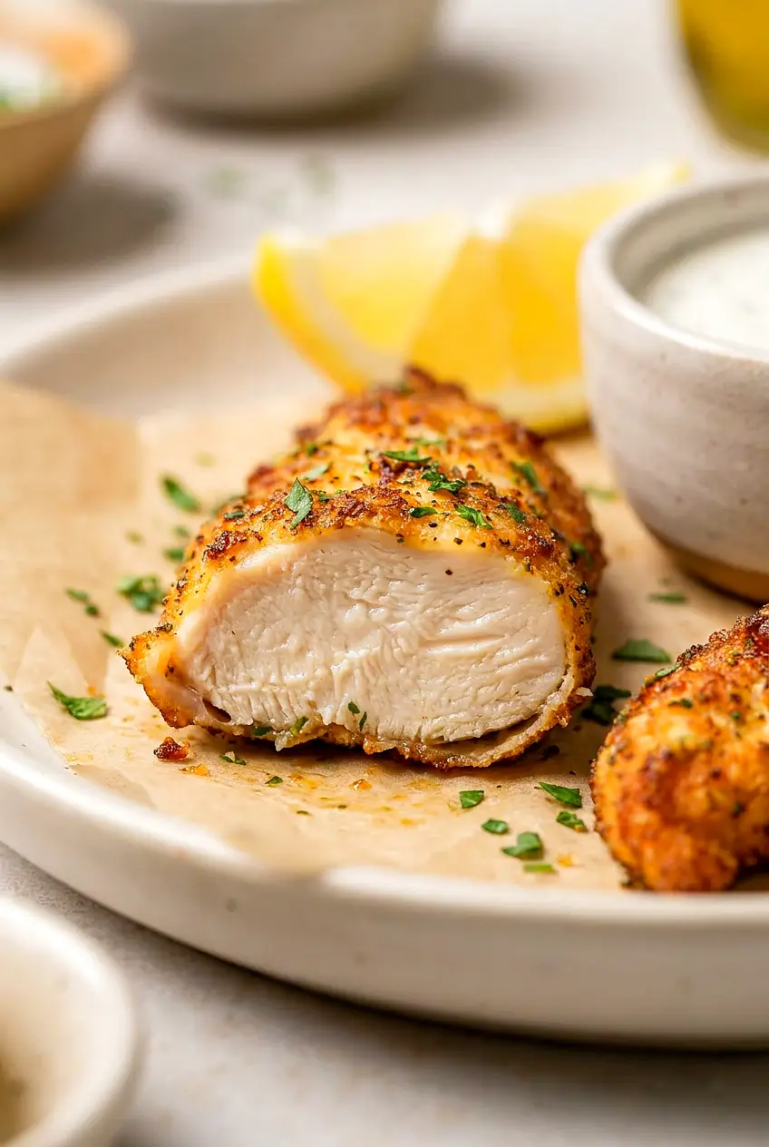 Close-up of an air fryer chicken tender split open, showing juicy interior and a lightly crisp, seasoned exterior.