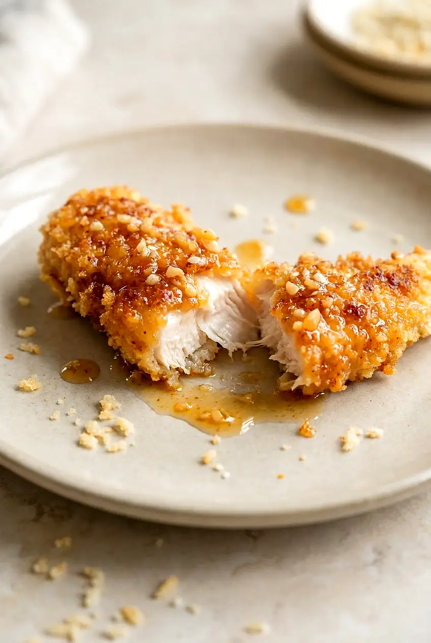 Close-up of Air Fryer Honey Butter Garlic Chicken Tender torn open, juicy interior, crunchy panko crust with glossy honey-garlic butter.