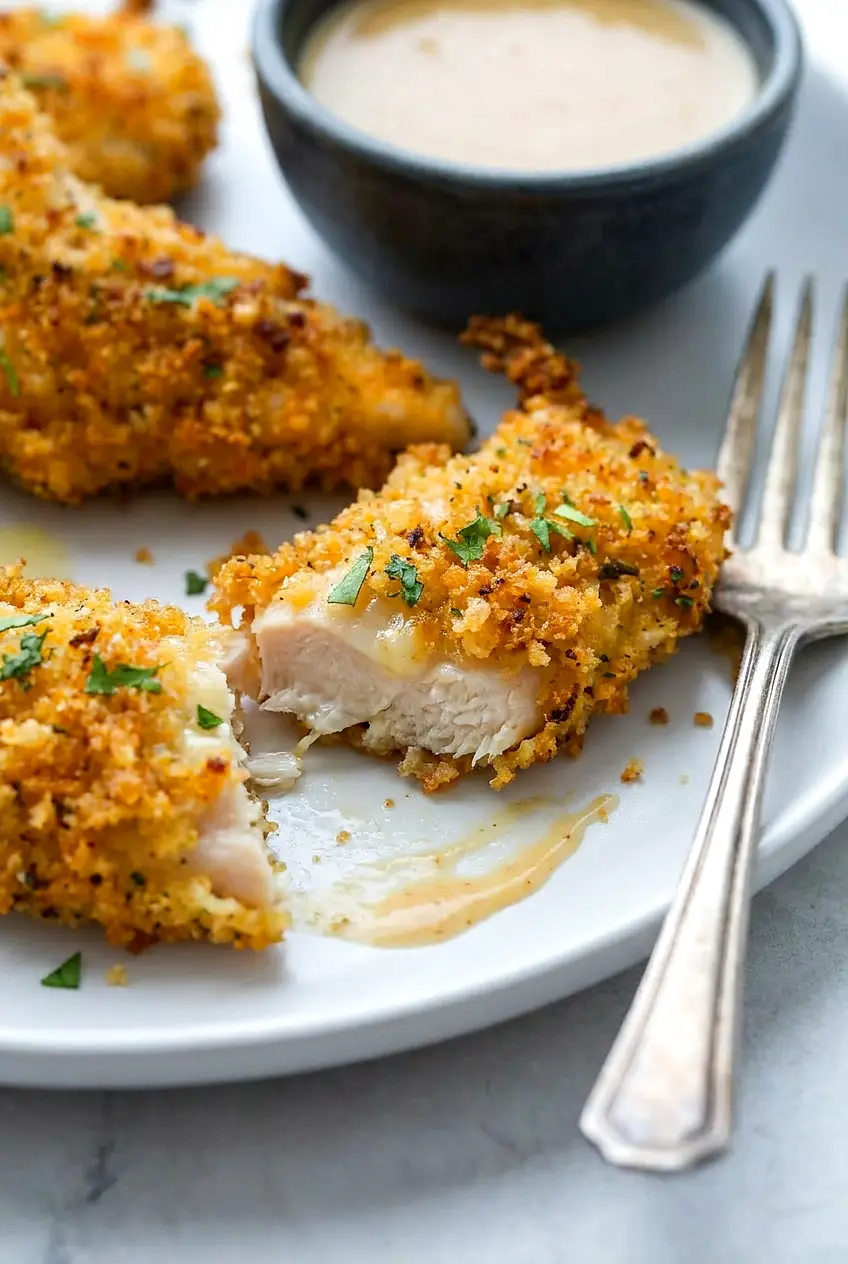 Close-up of an air fryer Parmesan panko chicken tender split open, showing juicy center and crunchy golden crust.