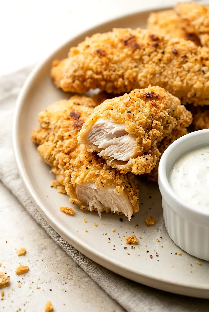 Close-up of an Air Fryer Ranch Chicken Tender broken open, showing juicy white meat and crunchy golden breadcrumb crust.