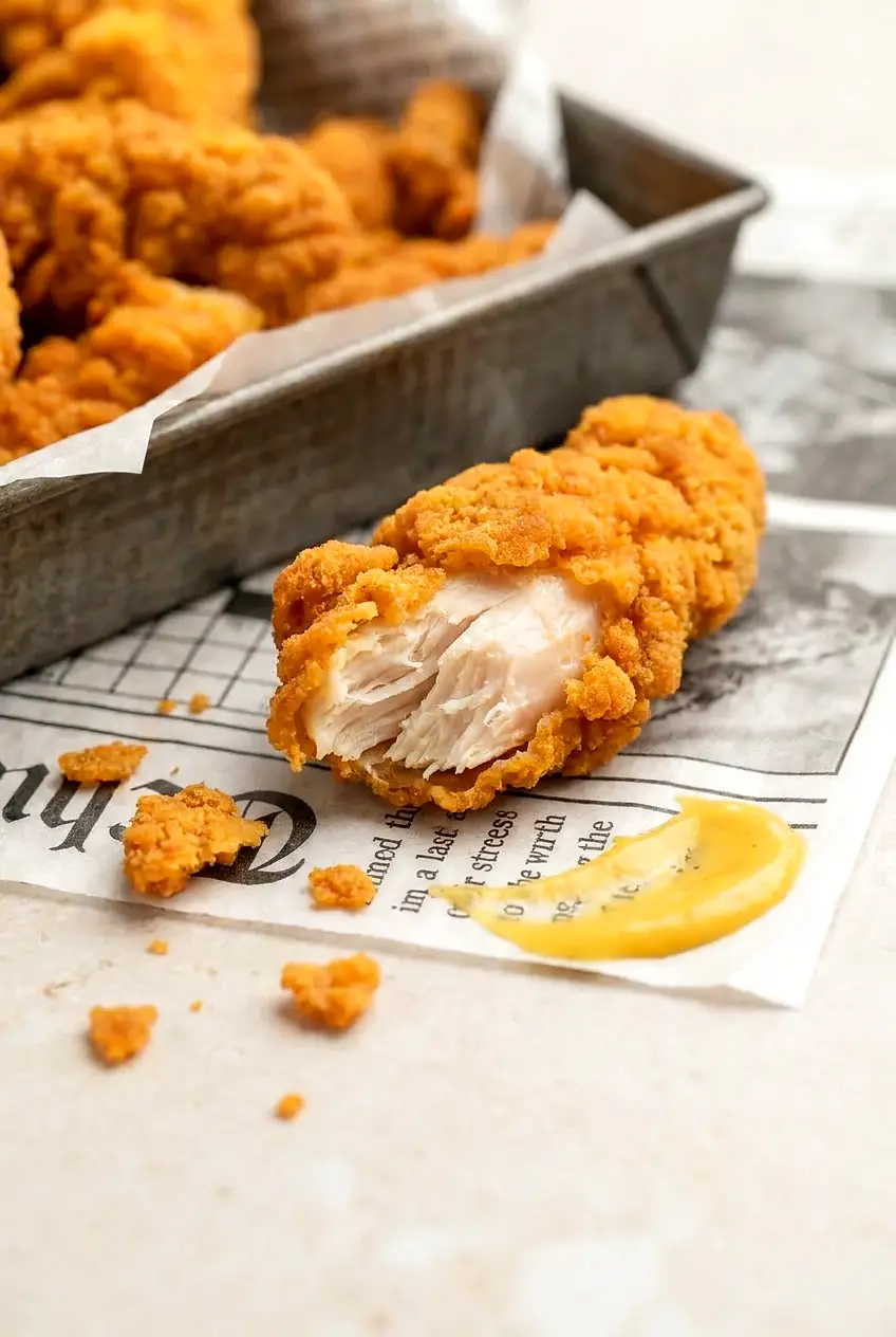 Close-up air fryer frozen chicken tender torn open, juicy white interior and crunchy golden breading beside a ramekin of honey mustard.