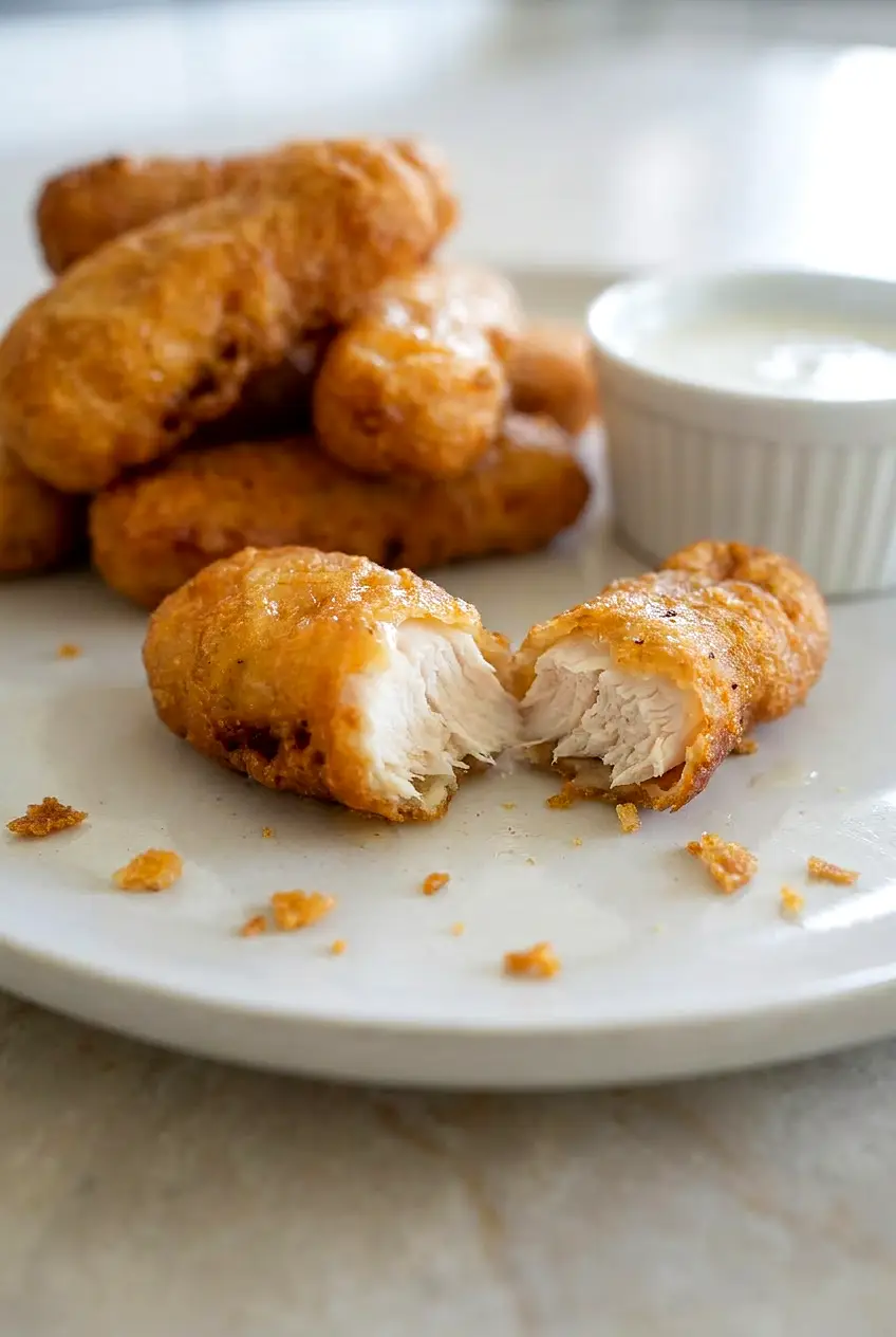 Close-up of a broken air fryer honey chicken tender showing juicy white meat and a crunchy golden honey-battered crust.