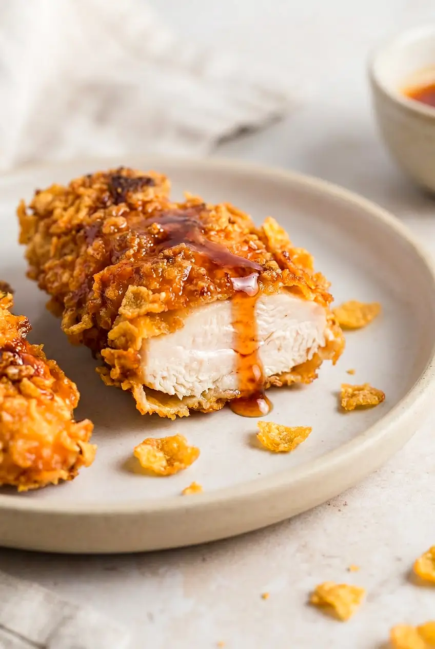 Close-up of a hot honey chicken tender torn open, juicy white meat inside and jagged cornflake crust with a honey drizzle.
