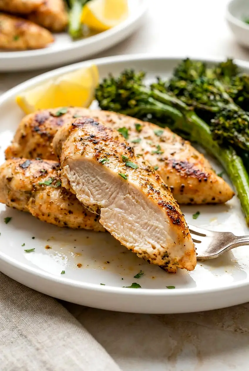 Close-up sliced air fryer grilled chicken tender with juicy interior and crisp, browned edges; visible paprika and herbs.