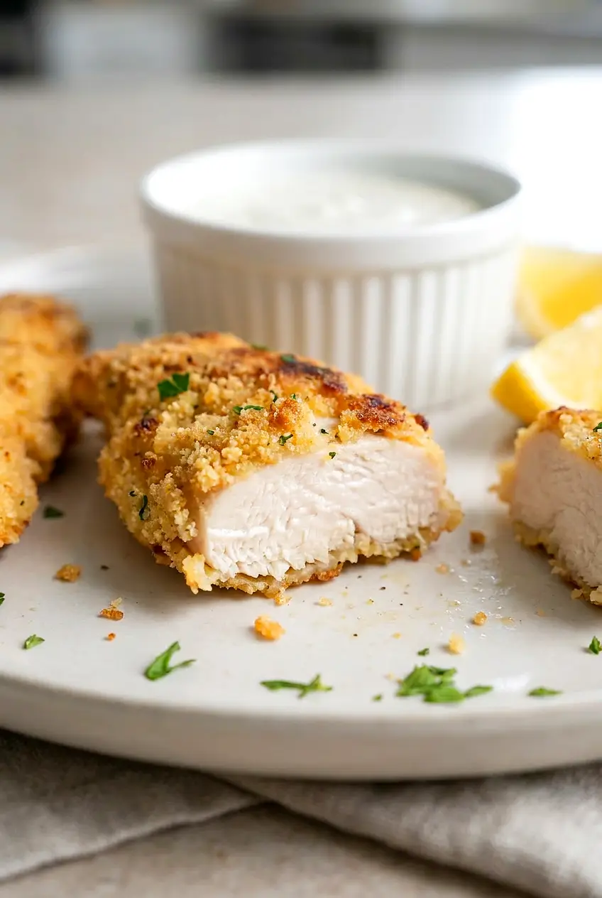 Close-up sliced air fryer keto chicken tender showing juicy interior and crisp almond flour–Parmesan crust.