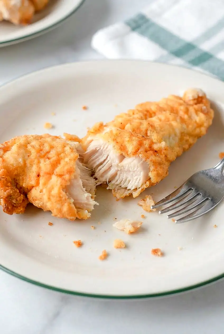 Close-up of an air fryer Chick-fil-A chicken tender torn open to show a juicy interior and golden, seasoned crust with crisp edges.