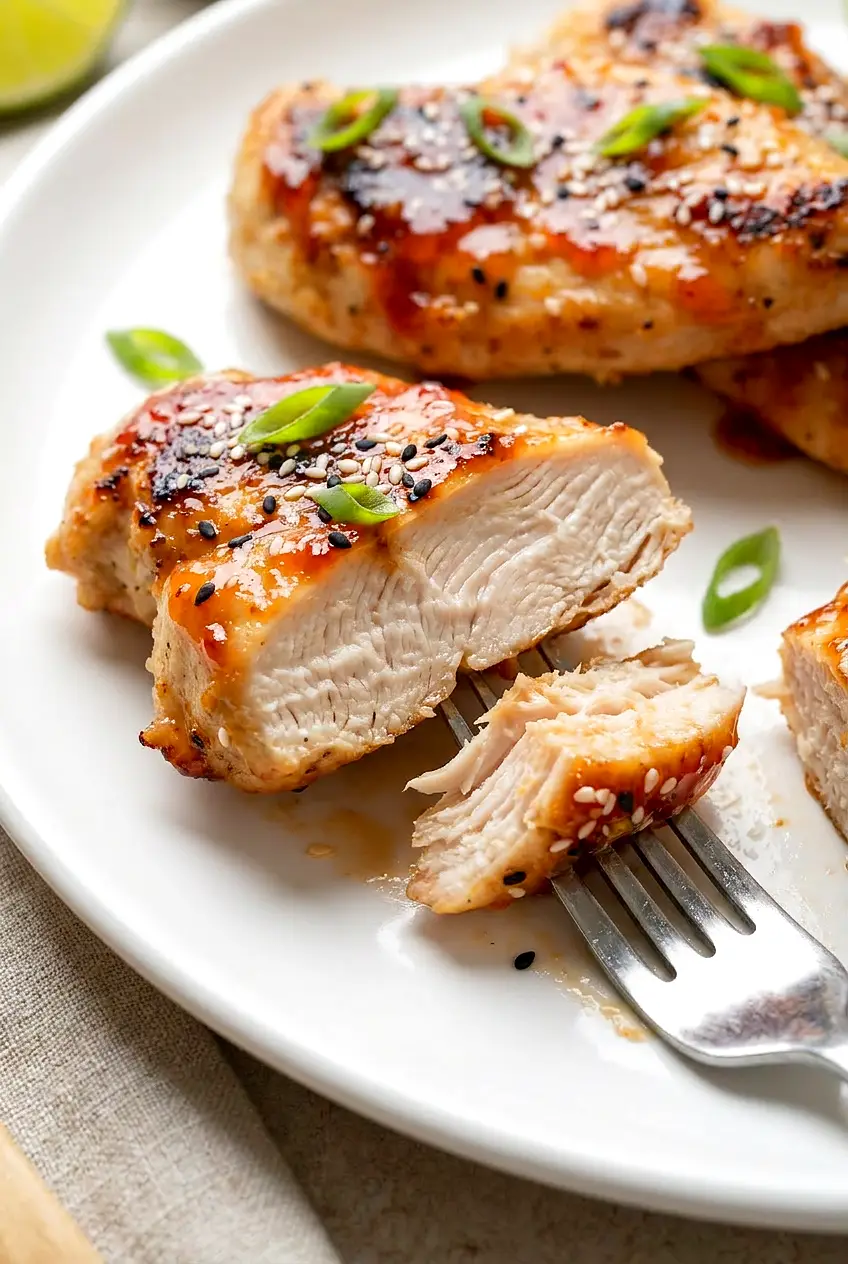 Close-up sliced sweet chili air fryer chicken tender with sticky glaze, juicy interior, sesame and green onion on plate