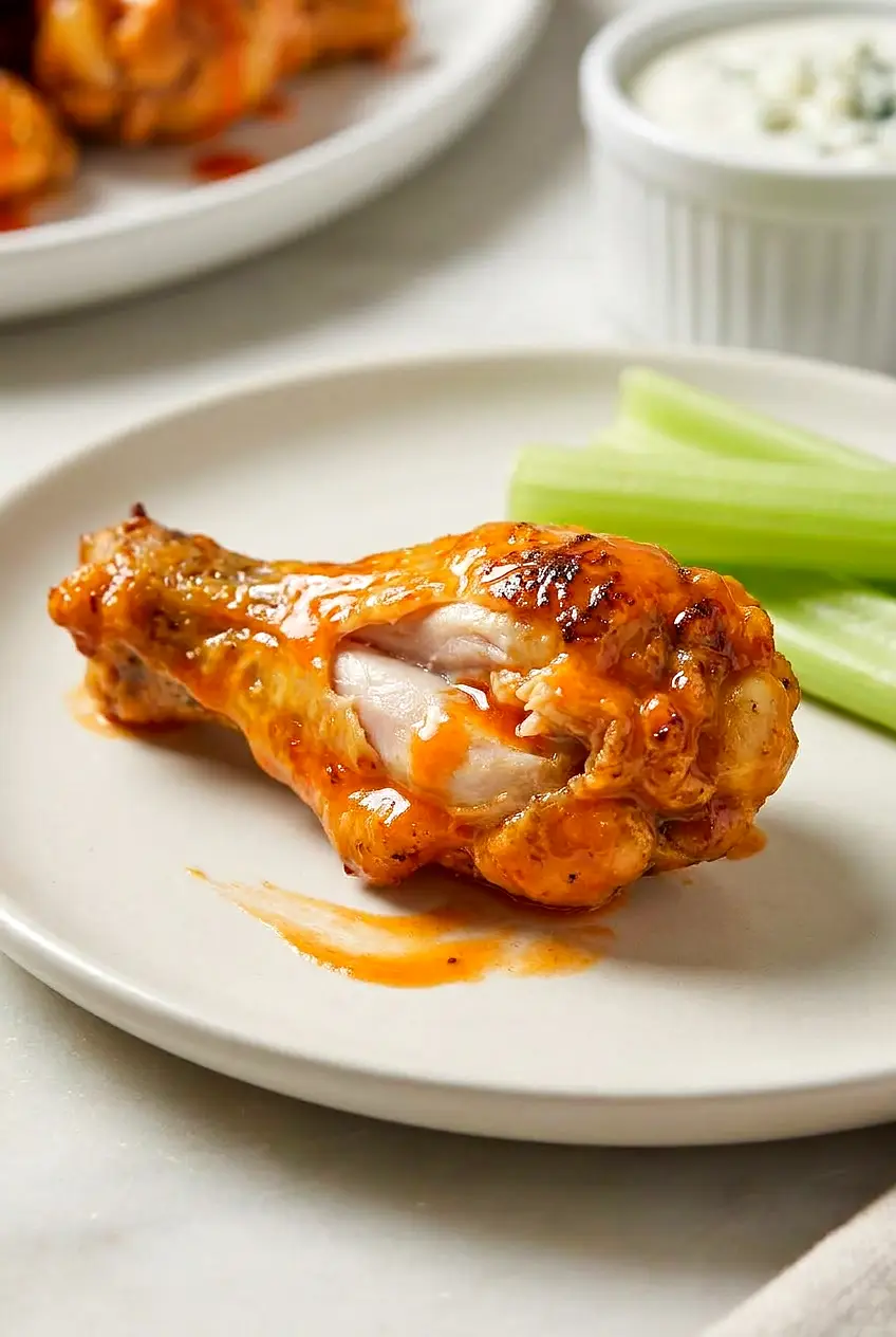 Close-up of saucy Air Fryer Buffalo chicken wings with glossy butter-hot sauce and crisp, blistered skin on a neutral plate.