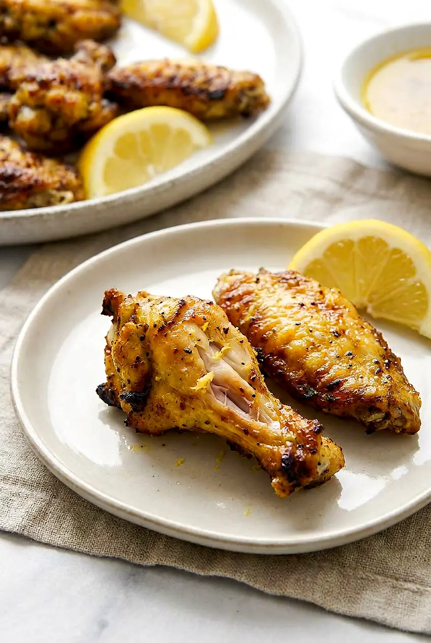 Close-up of a crispy air fryer lemon pepper wing, light glossy sauce, pepper and zest, showing juicy interior.