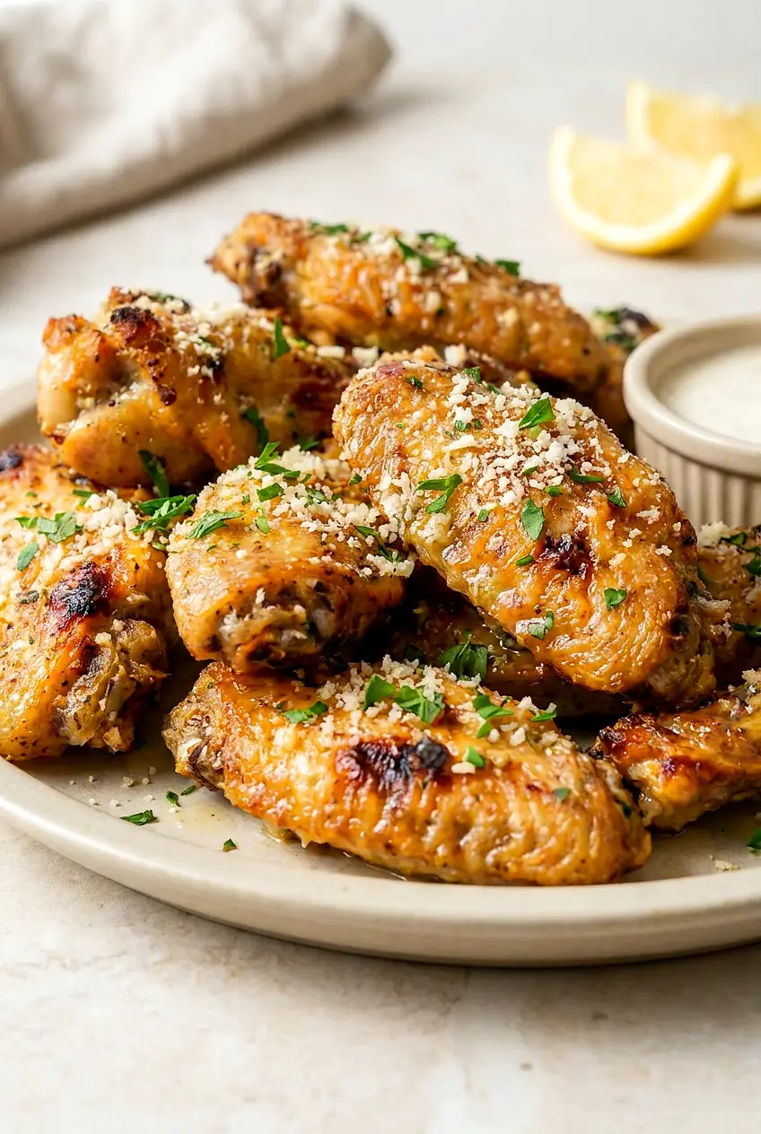 Close-up of garlic Parmesan air fryer chicken wings with glossy butter, grated Parmesan, and parsley on blistered skin.