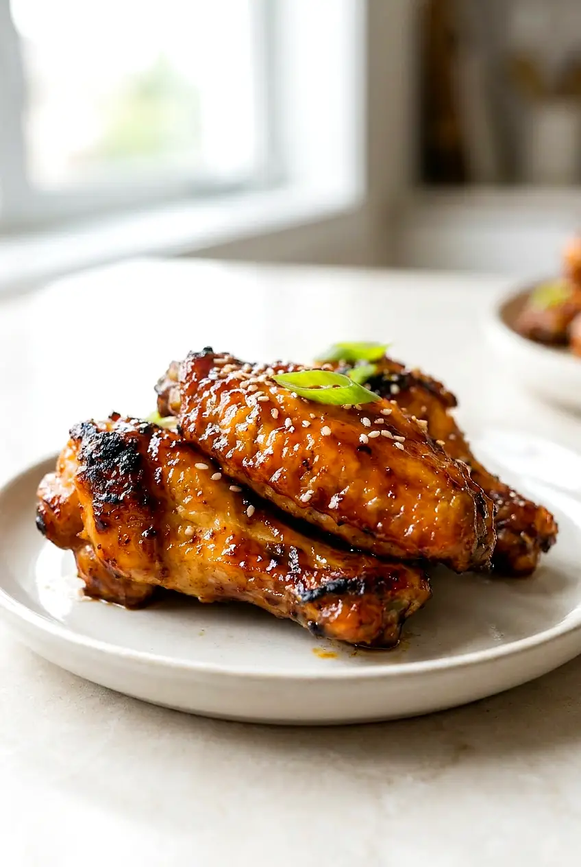 Close-up of Air Fryer Honey BBQ wings showing crisp, blistered skin under a sticky glaze with scallion slices.