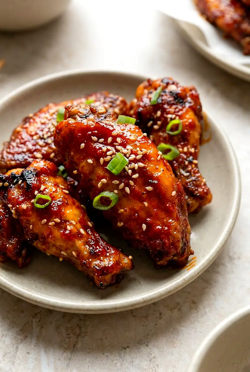Close-up of gochujang-glazed air fryer chicken wing showing glossy sauce, browned spots, sesame seeds, green onion.