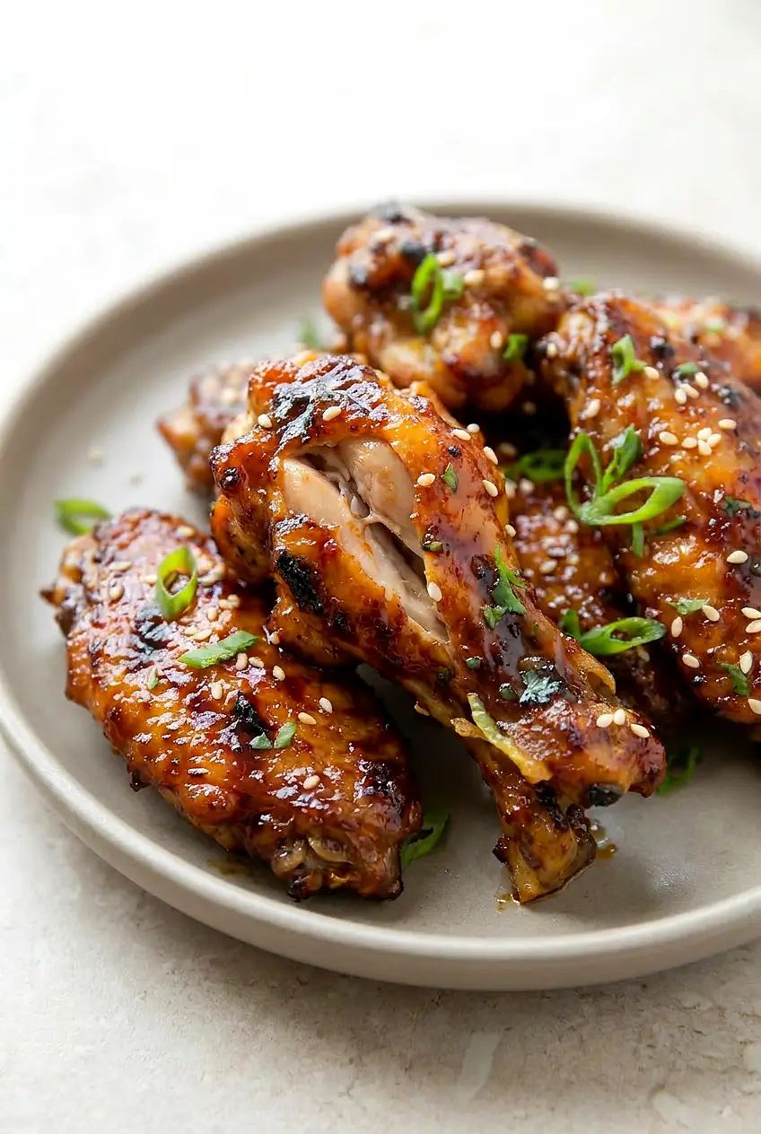 Close-up of a teriyaki chicken wing showing crisp glazed skin and juicy interior, sprinkled with sesame seeds and green onions.