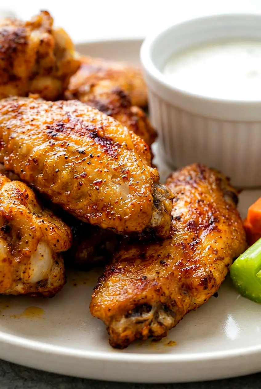 Close-up of crispy air fryer chicken wing skin with paprika specks and blistered golden patches.