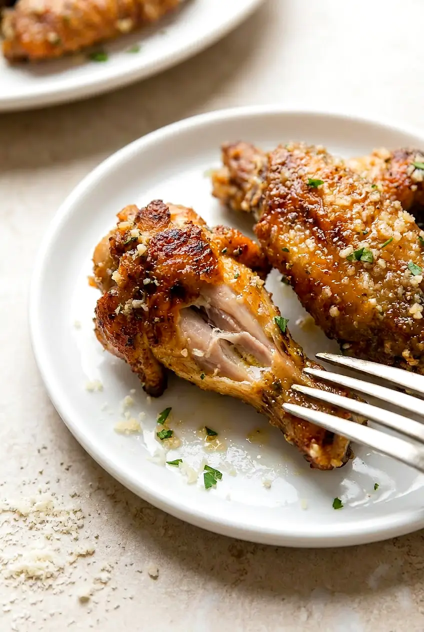 Close-up of garlic Parmesan air fryer wings showing blistered, golden skin with parsley and fine Parmesan clinging to buttery surfaces.
