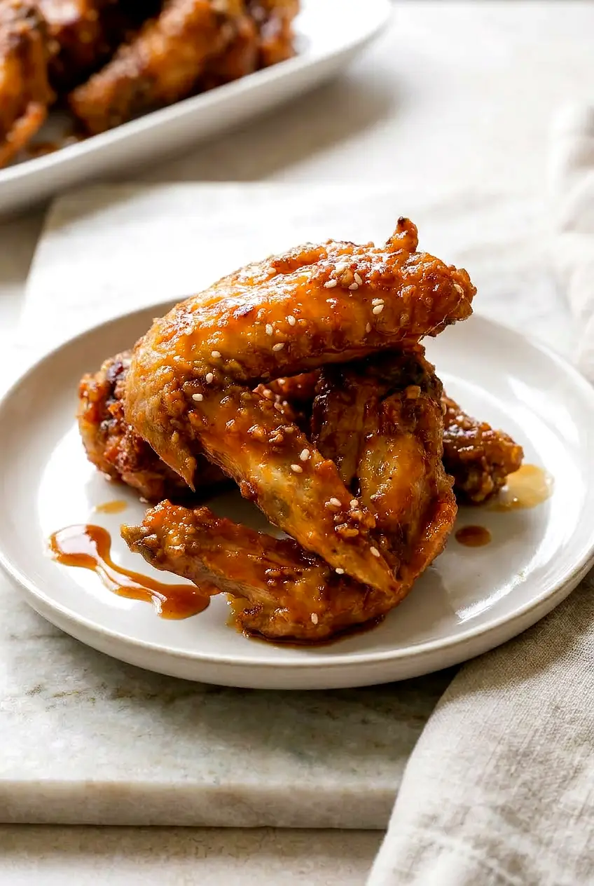 Close-up of air fryer honey garlic chicken wings showing tacky glaze clinging to crisp, blistered skin with toasted sesame seeds.
