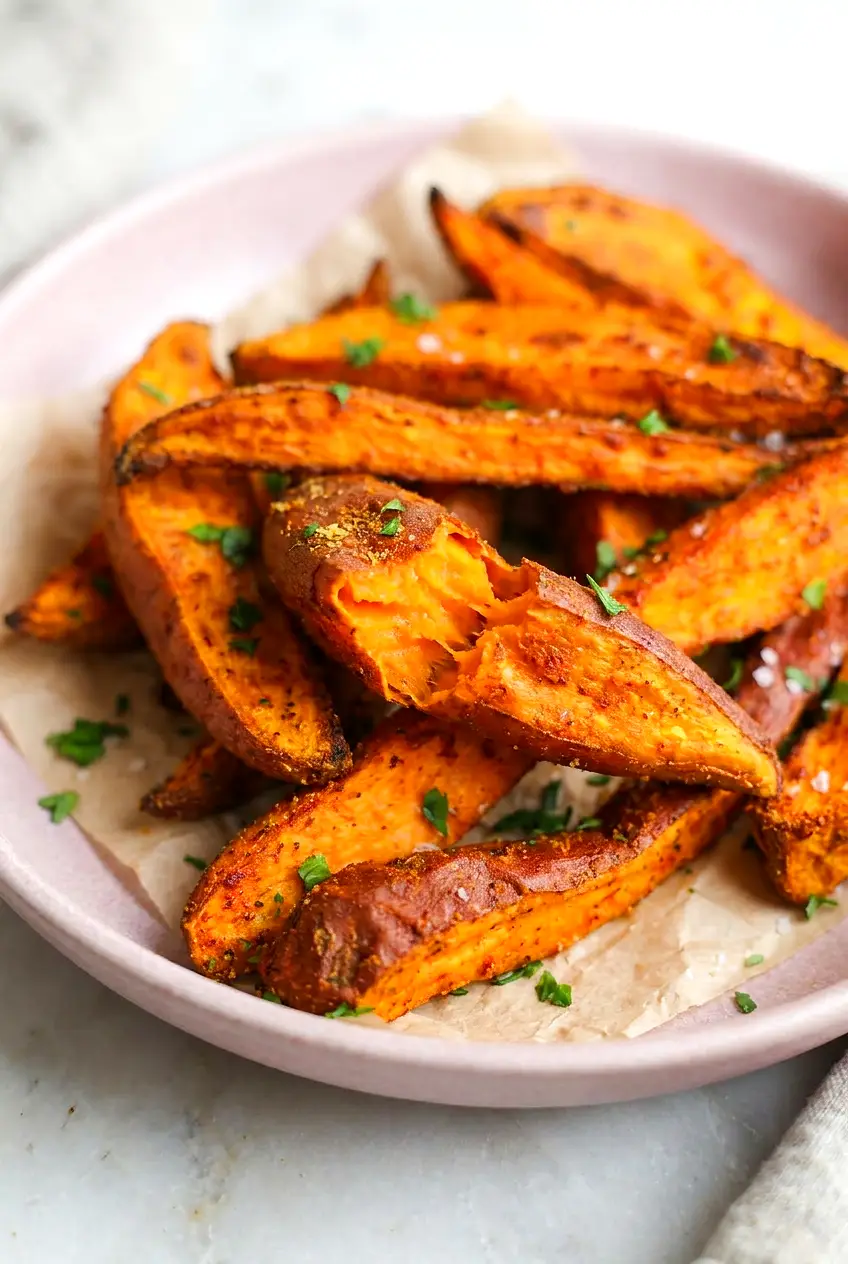 Close-up of an air fryer sweet potato wedge showing tender orange center and crisp, seasoned edges on a pink plate