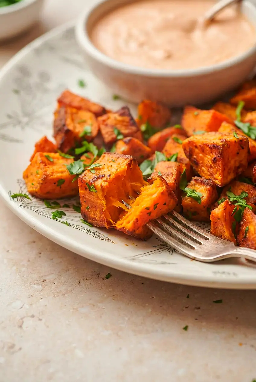Close-up of air fryer sweet potato cubes showing browned edges, dry roasted surface, and tender orange centers with parsley.