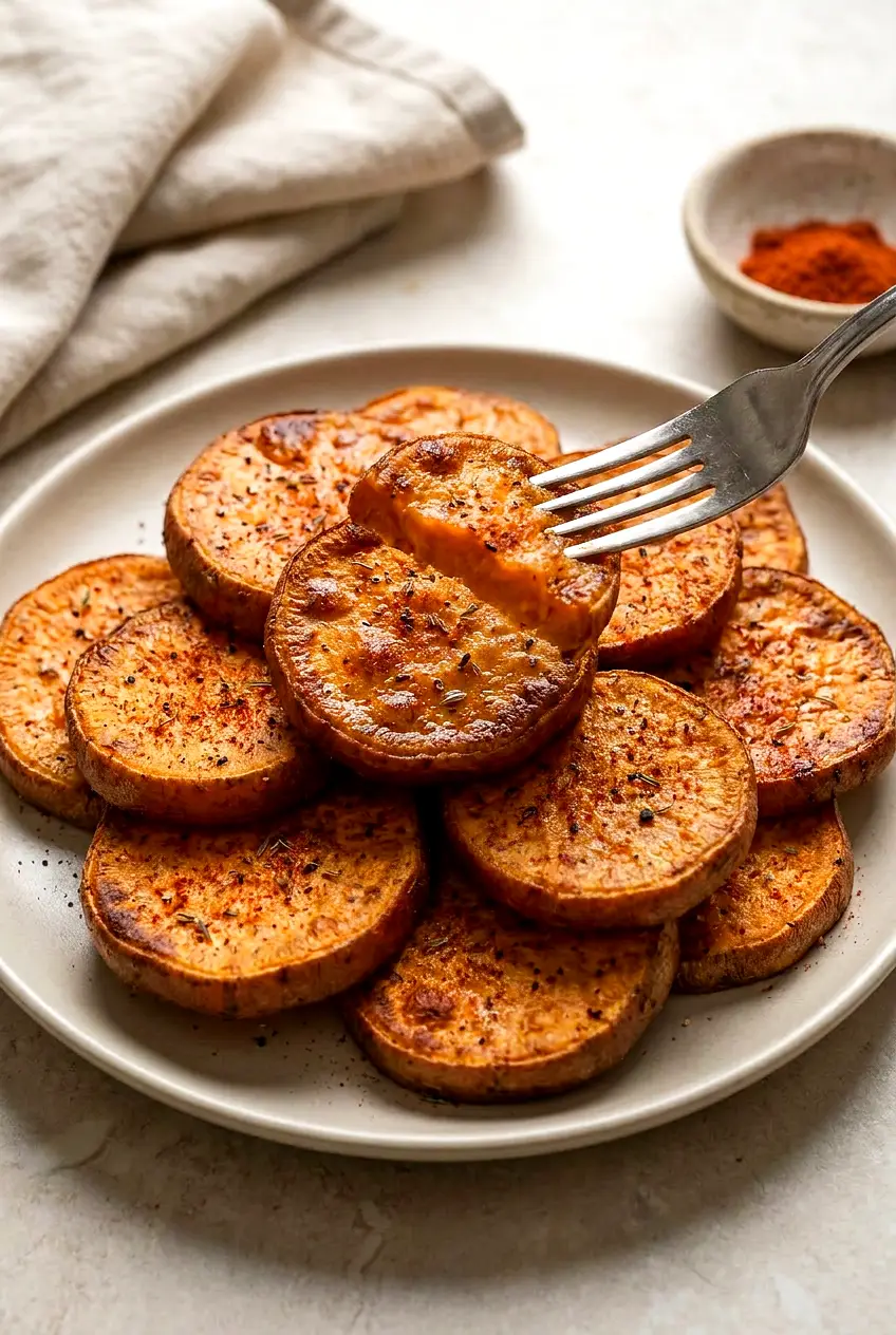 Close-up of air fryer sweet potato rounds showing blistered surface, crisp edges, and soft orange centers.