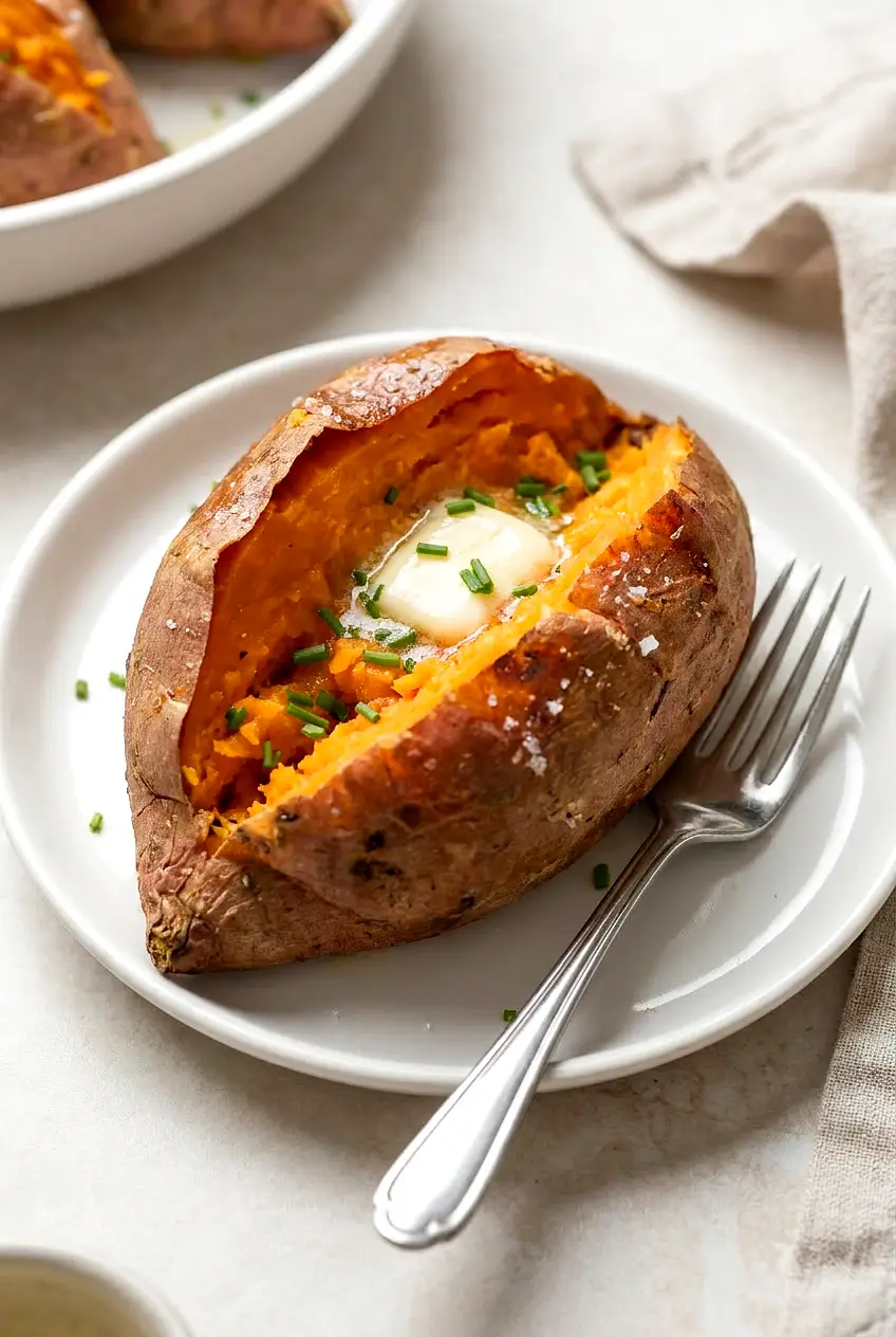 Close-up of an air fryer sweet potato split open, fluffy orange flesh with melting butter and a lightly crisp, browned skin.