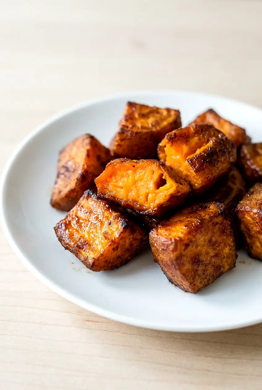 Close-up of air fryer cinnamon sweet potatoes showing caramelized edges and a tender orange interior on one split piece.