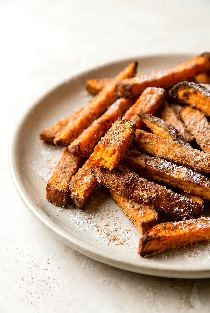 Close-up of air fryer sweet potato dessert fries with cinnamon-sugar crystals, deep golden spots, and tender orange centers.