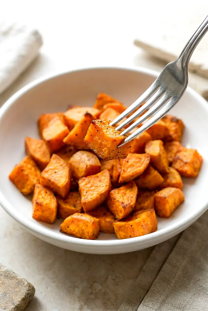 Close-up of an air fryer sweet potato bite on a fork, crisp browned edges and a tender orange center.
