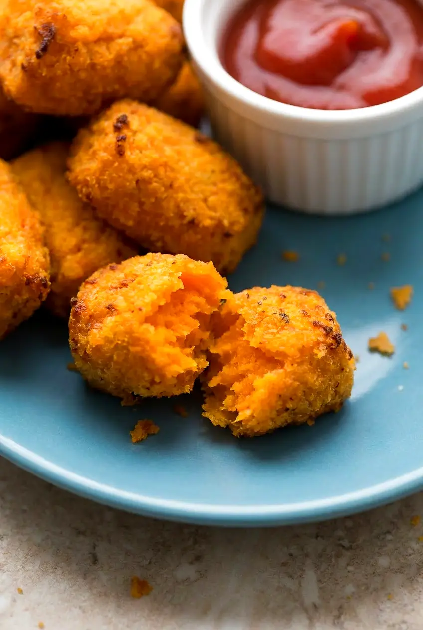 Close-up of an Air Fryer Sweet Potato Tot broken open, showing a soft orange center and crunchy panko crust.