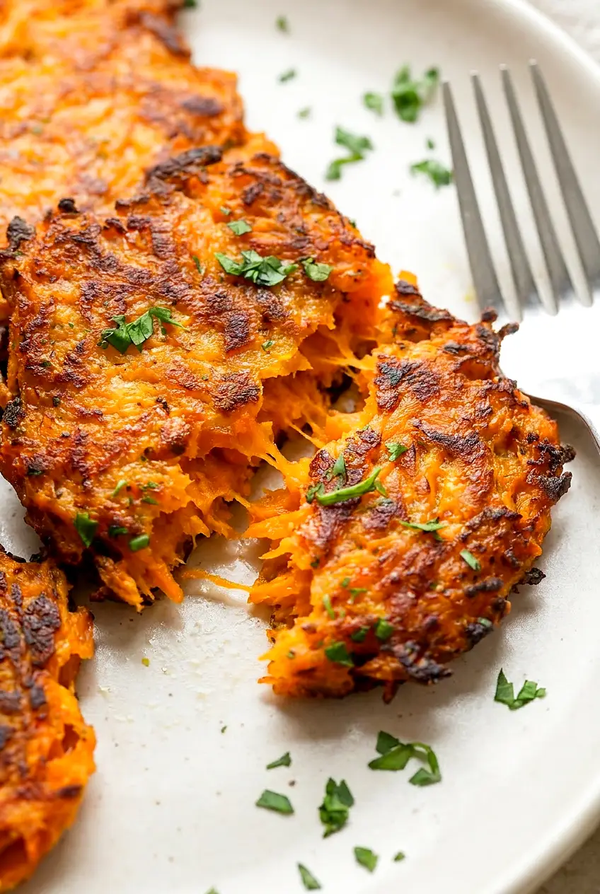 Close-up of a sweet potato hash brown broken open, showing crisp browned exterior and tender orange shreds inside, flecked with parsley.