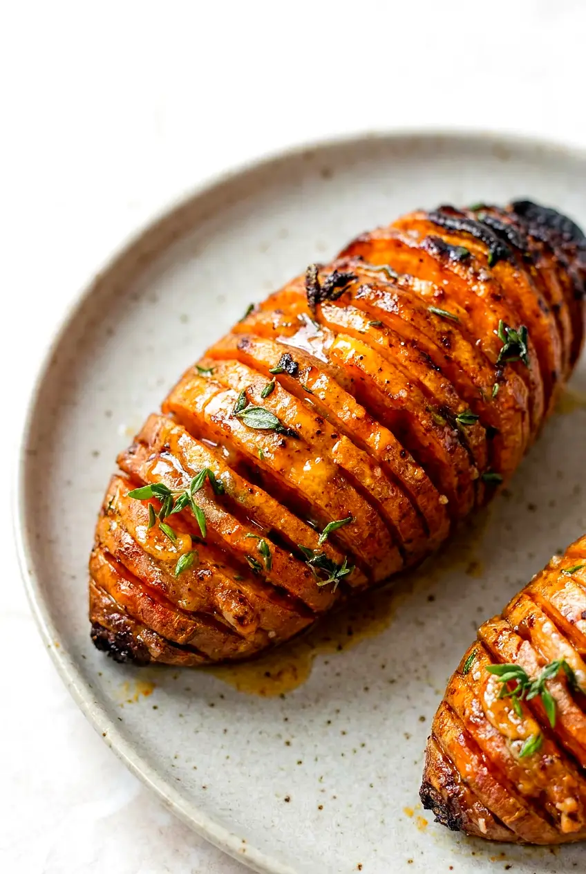 Close‑up of one Air Fryer Hasselback Sweet Potato with tender fanned slices, paprika‑tinted sticky glaze, lightly crisp edges, and thyme.