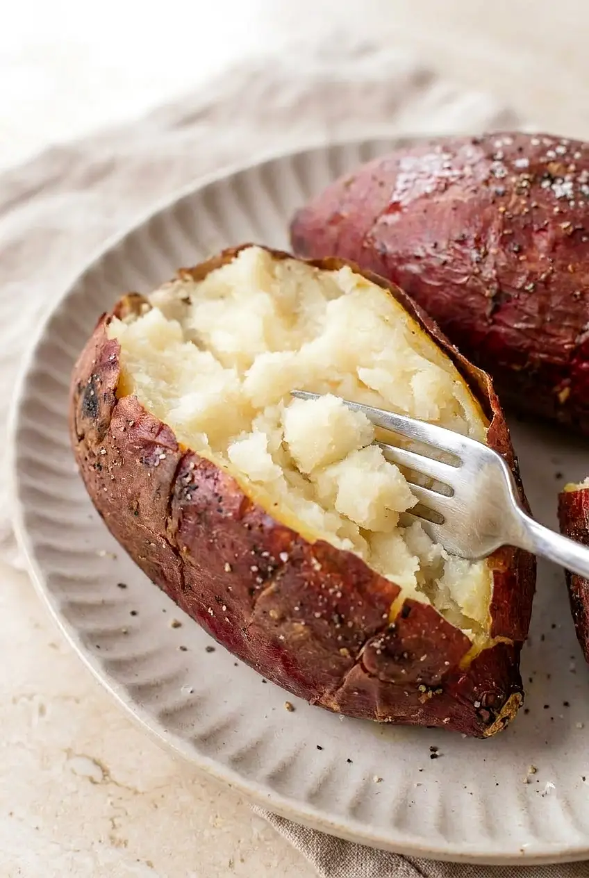 Close-up of air fryer Japanese sweet potato cut open, showing creamy interior and crisp, blistered red-purple skin.