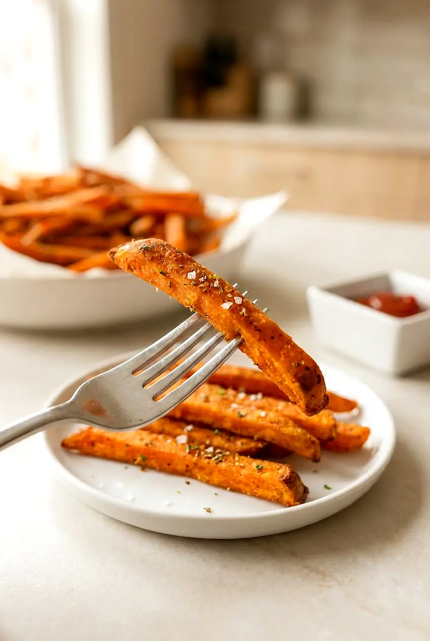Close-up of air fryer sweet potato fries showing crisp edges and tender orange centers with light seasoning.