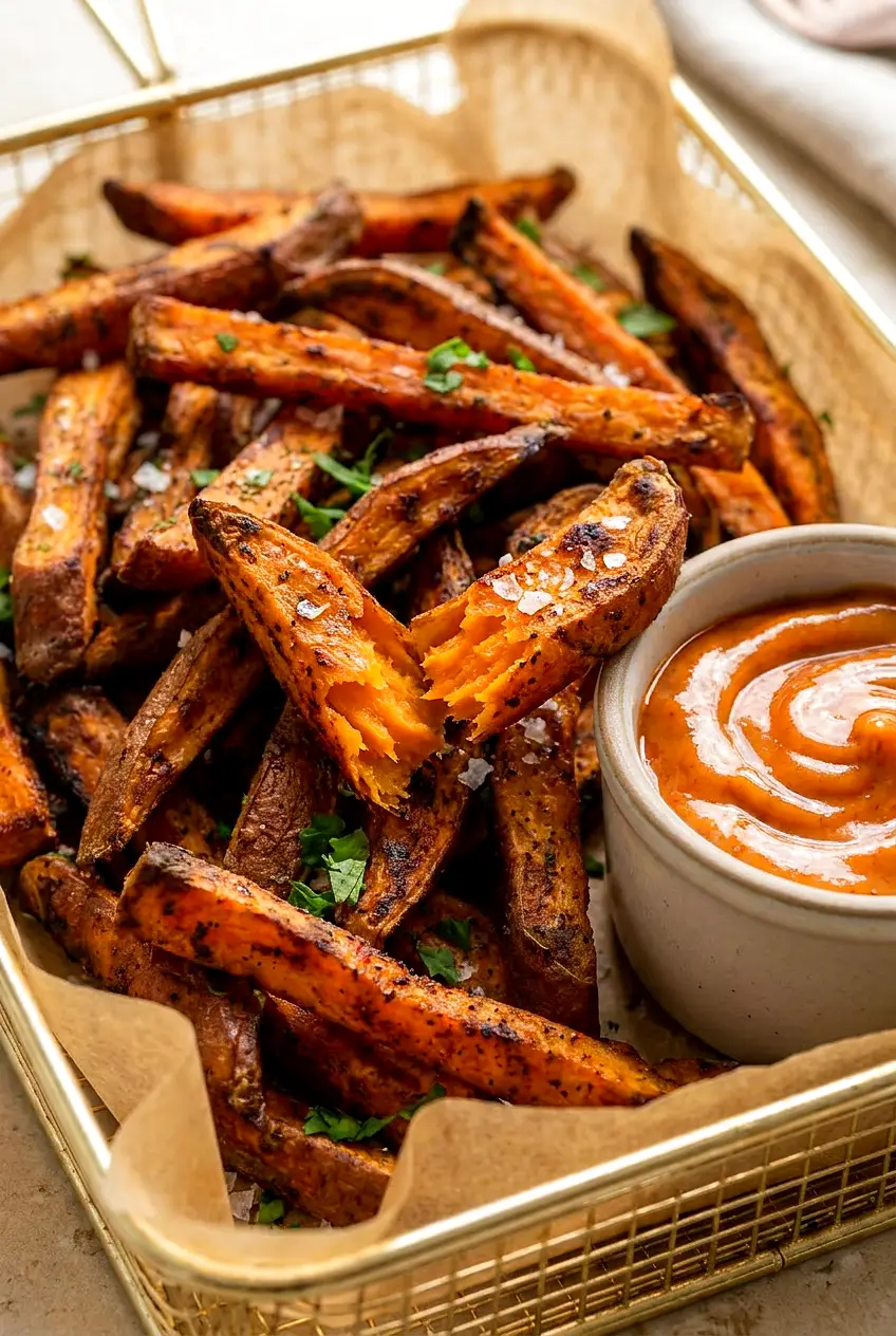 Close-up of air fryer sweet potato fries with crisp edges and tender centers beside a ramekin of chili-BBQ mayo.