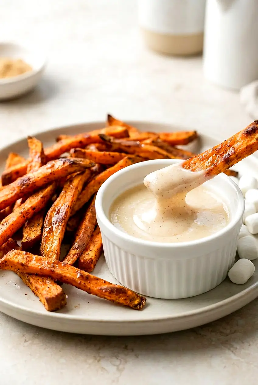 Close-up of an air fryer sweet potato fry coated in glossy marshmallow dip, showing browned, lightly crisp edges and a sugar sheen.