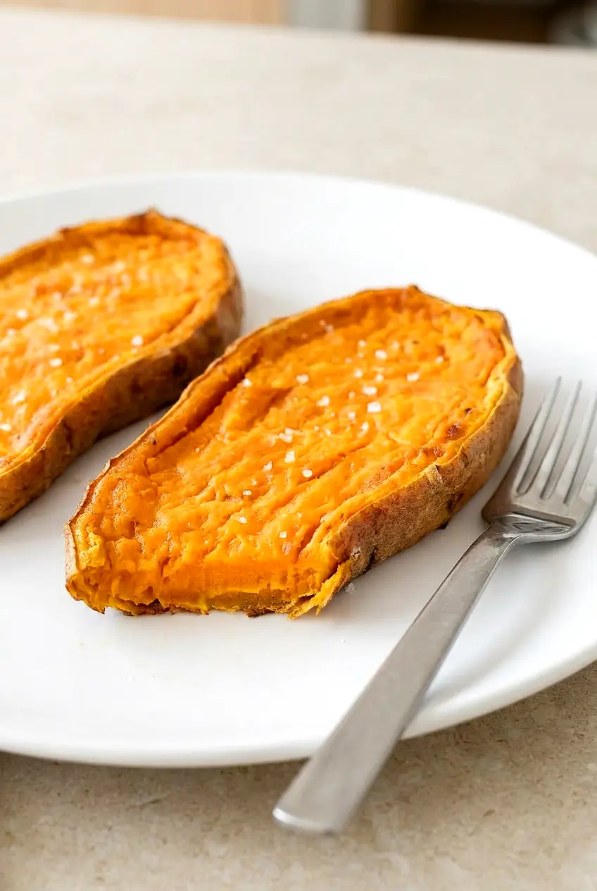 Close-up of an Air Fryer Sweet Potato Toast slice showing a tender orange center and lightly browned, dry edges on a white plate.
