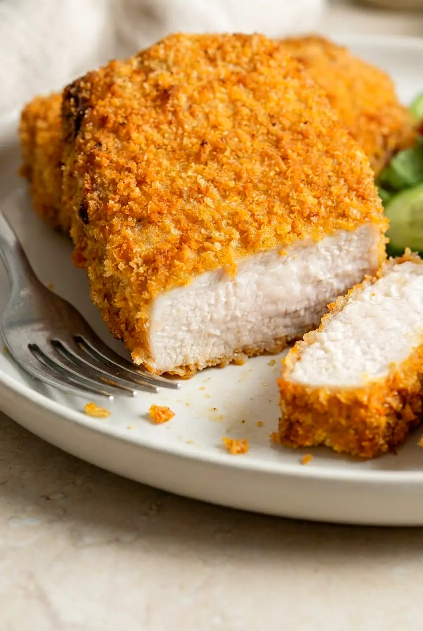 Close-up of a breaded air fryer pork chop cut open, showing a juicy center and crunchy golden crust with visible crumbs.