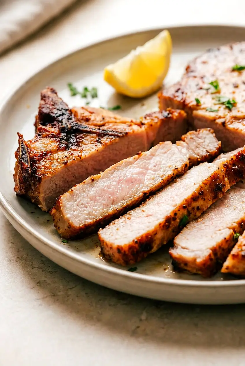 Close-up sliced air fryer pork chop showing a juicy, slightly pink center and a browned spice crust with parsley.