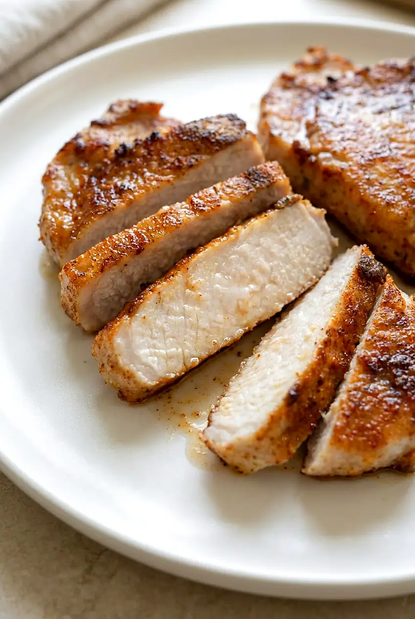 Sliced air fryer boneless pork chop showing juicy interior and browned, seasoned crust.