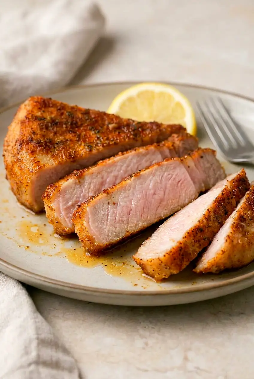 Close-up of sliced air fryer pork chop showing juicy, tender center and browned spice-rubbed crust.